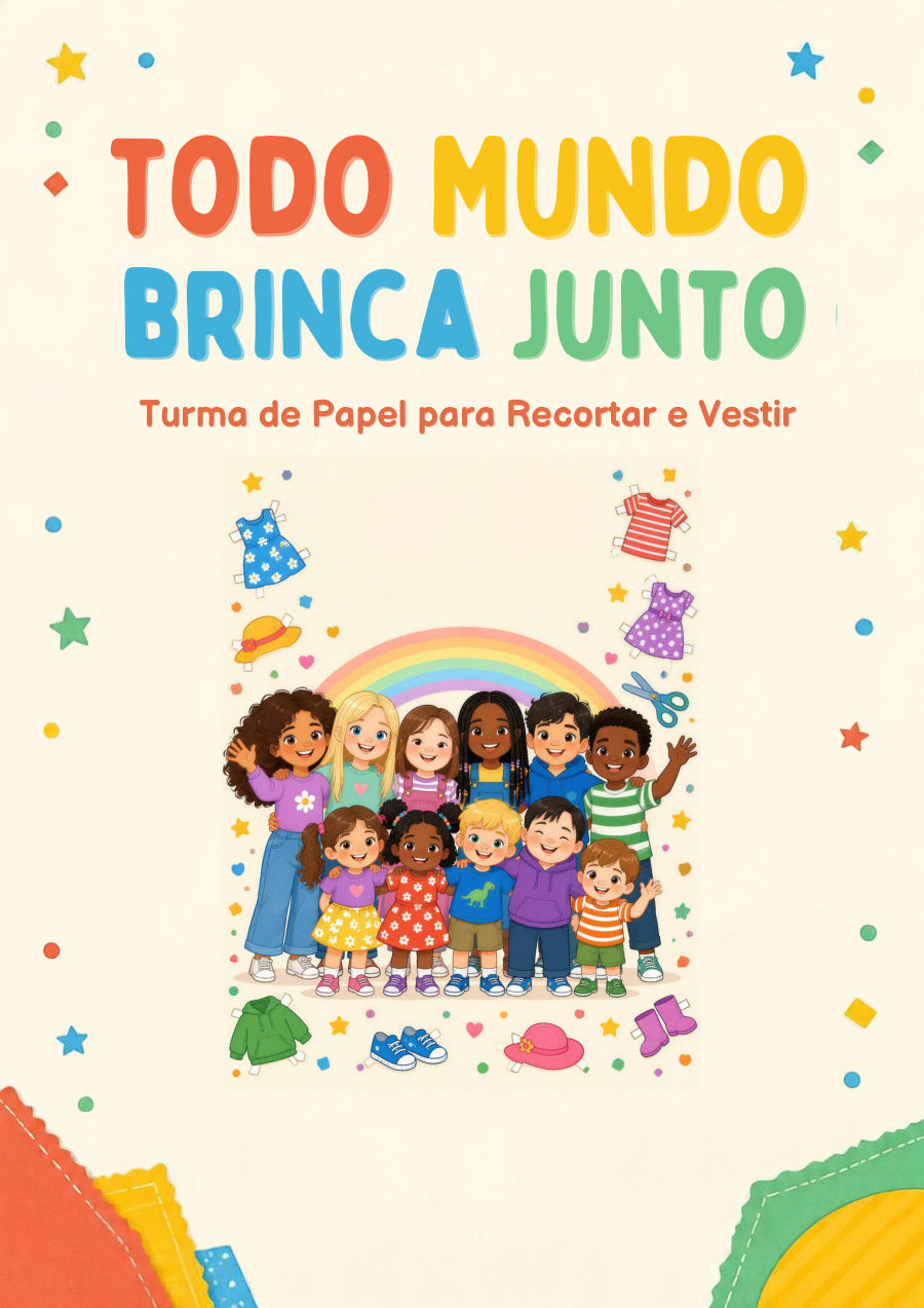Capa do livro Todo Mundo Brinca Junto, com as onze crianças de papel reunidas sob um arco-íris