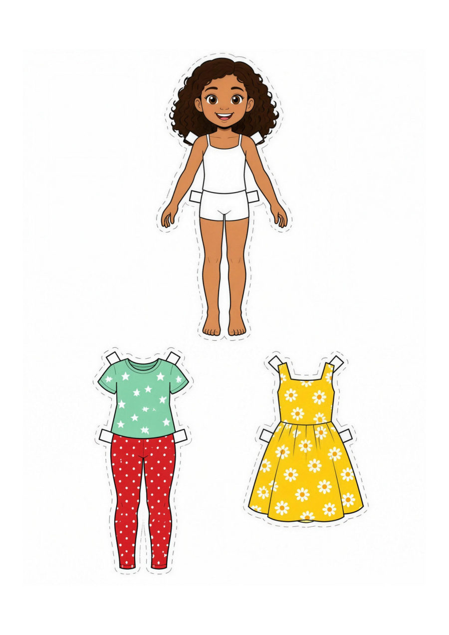 Folha com uma boneca de cabelos cacheados e dois conjuntos de roupa para recortar