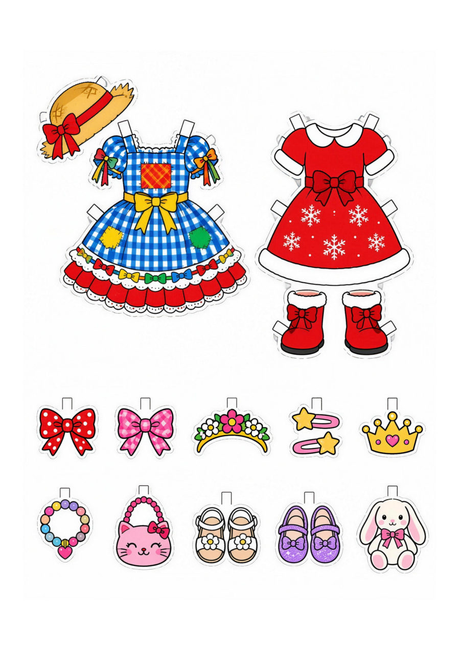 Folha com vestido de festa junina, vestido de Natal e acessórios