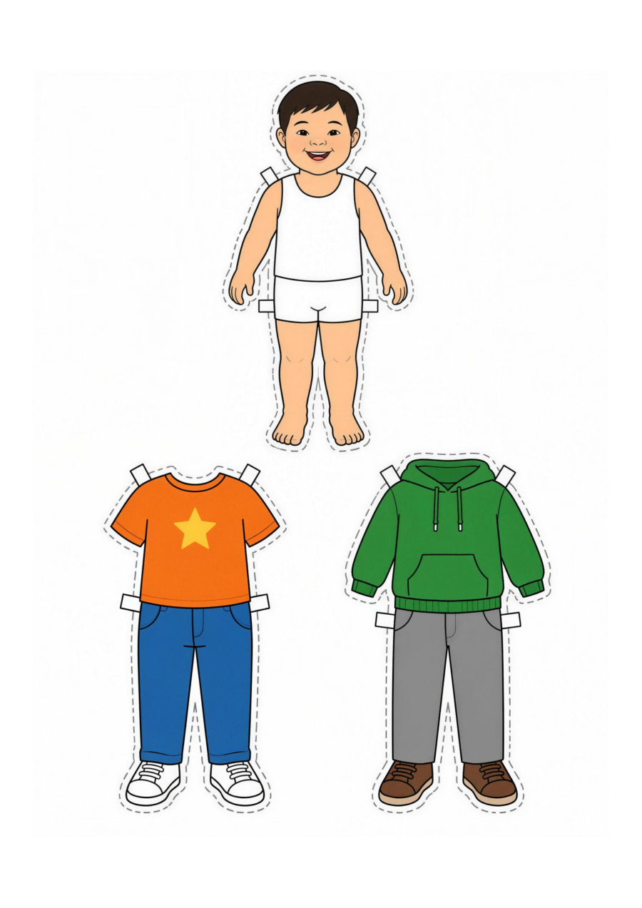 Folha com personagem e conjuntos de roupa
