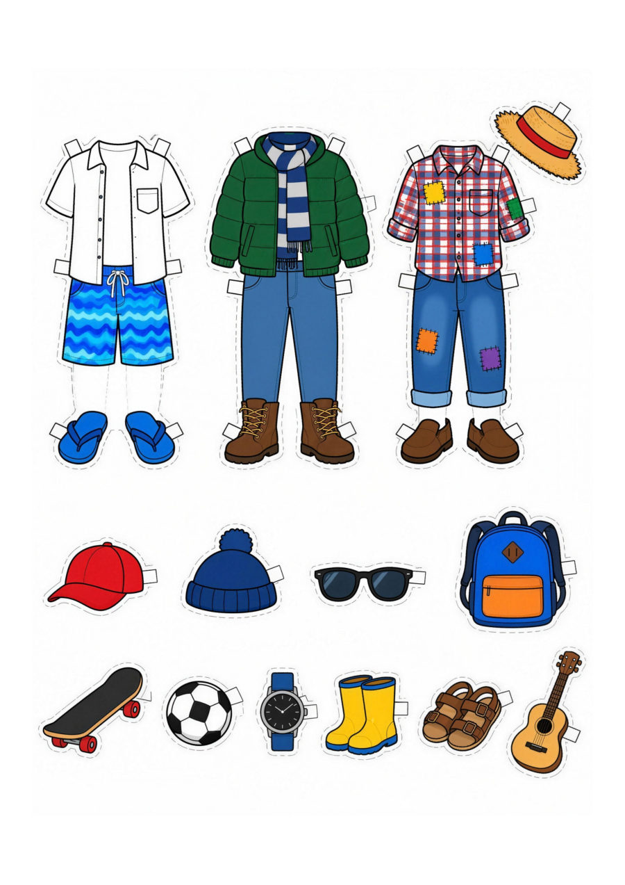 Folha com roupas de menino, mochila, skate, bola e violão