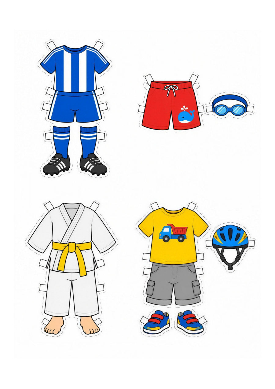 Folha com conjuntos de roupa e acessórios variados